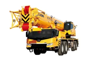 XCMG XCT110_Y2 yellow truck crane with extended boom and multiple axles, isolated on white background