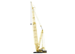 Professional studio shot of a large yellow XCMG XGC12000 crawler crane on white background