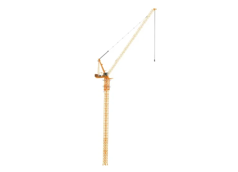 XCMG XGL80-6S crawler crane in yellow, isolated on white background, professional product image