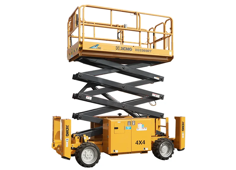 XCMG XG3369RT-ANSI Engine-Powered Rough Terrain Scissor Lift — 39 ft 4 in working height, 1003 lbs rated load, 25 hp engine, 9700 lbs total weight, ANSI compliant
