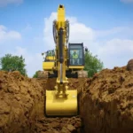 CAT 320 Excavator digging a trench, bucket in the cut