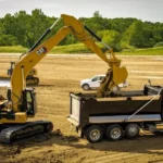 CAT 330 GC Excavator loading a three-axle dump truck