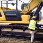 Operator climbing onto the CAT 336 GC track and counterweight side