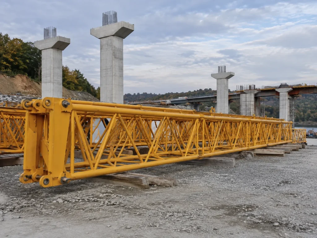 Secciones de la pluma en celosía apiladas junto a los pilares del puente