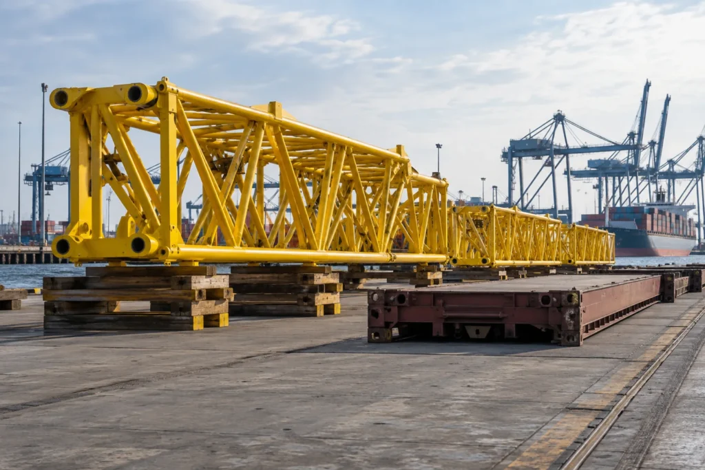 Crane boom components arranged at a port loading area