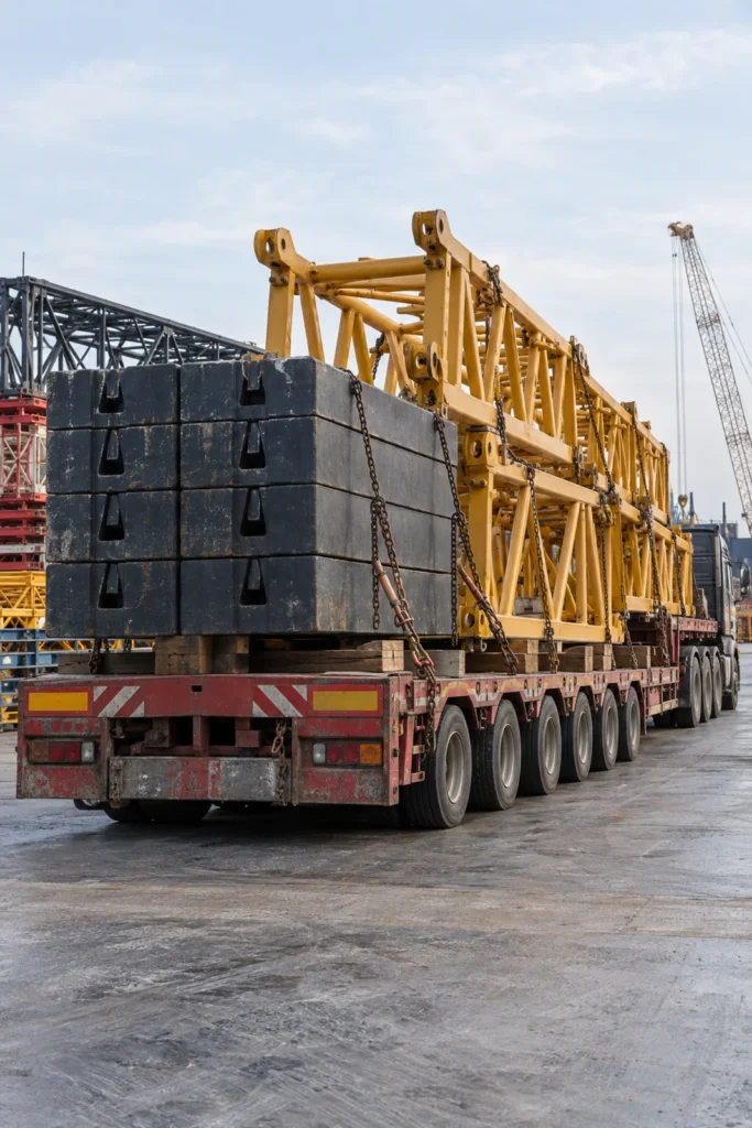 Crane components secured on a low-bed trailer