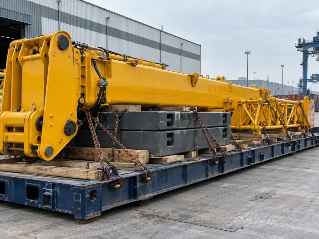Crane components secured on an open shipping platform