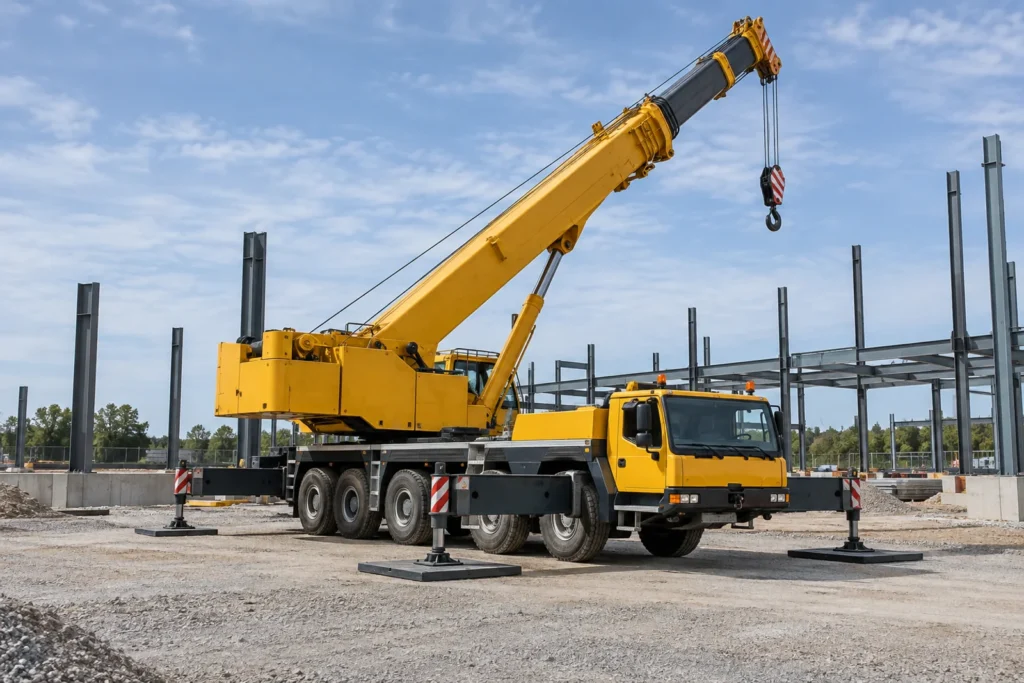 Camión grúa con estabilizadores en una plataforma de construcción nivelada