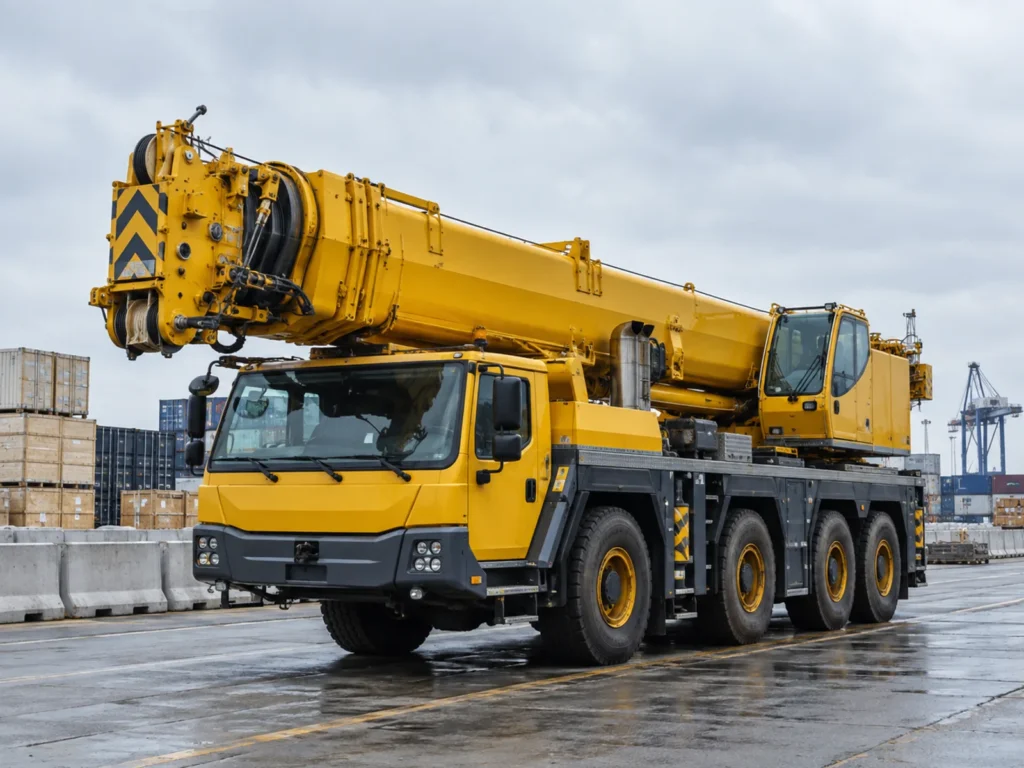 Truck crane staged for transport at a terminal
