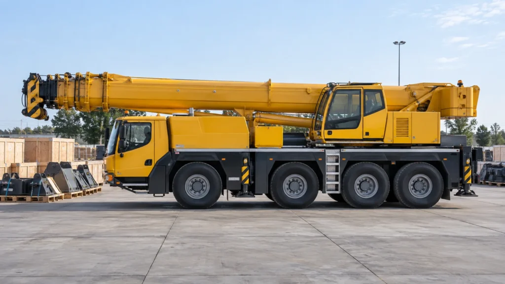 Crane and secured shipping crates in a departure yard