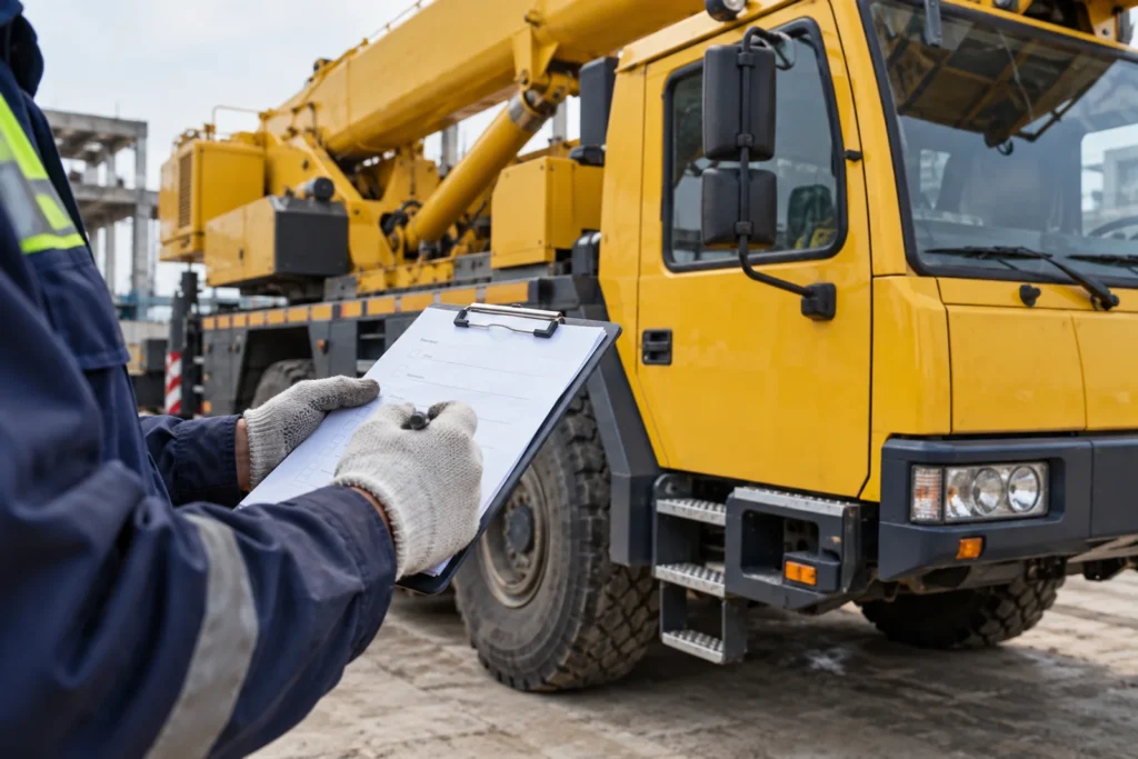 Gloved technician reviewing a crane preparation checklist