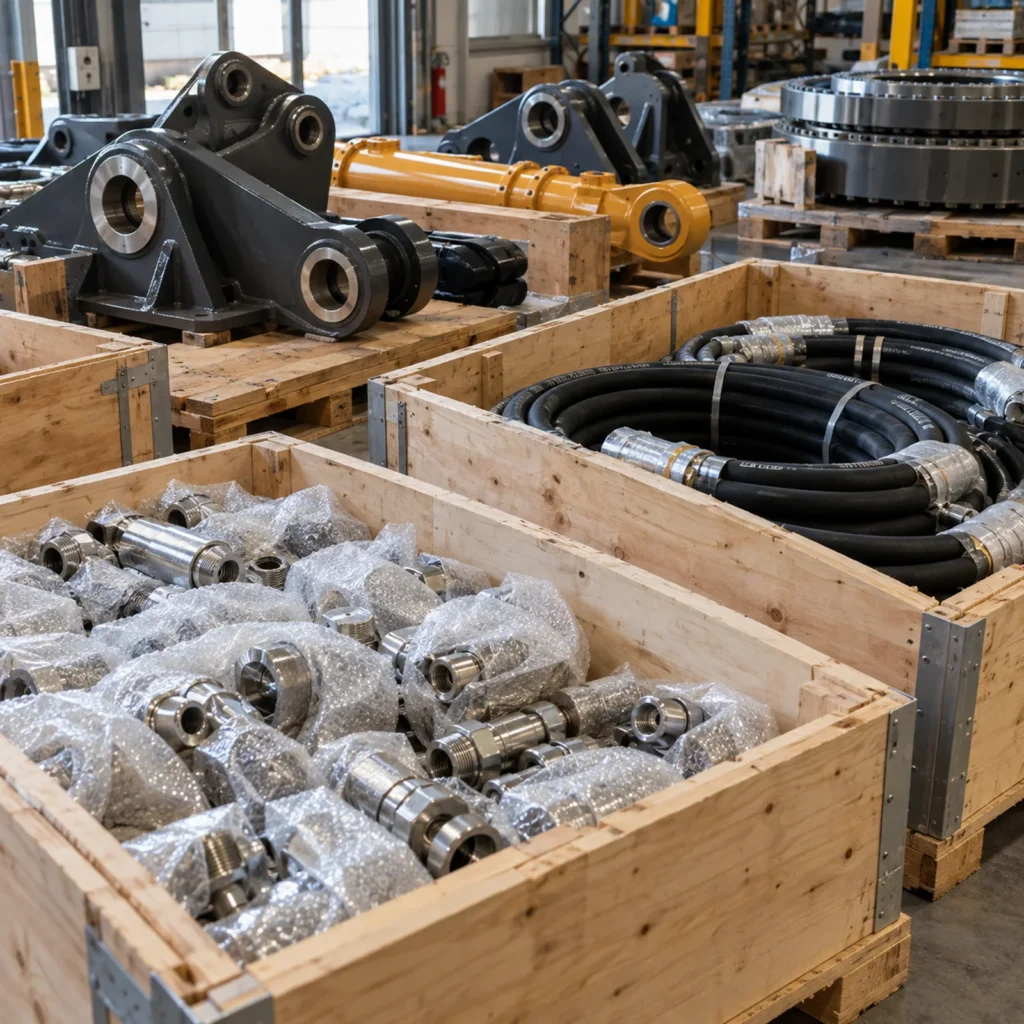 Crane spare parts packed in wooden shipping crates