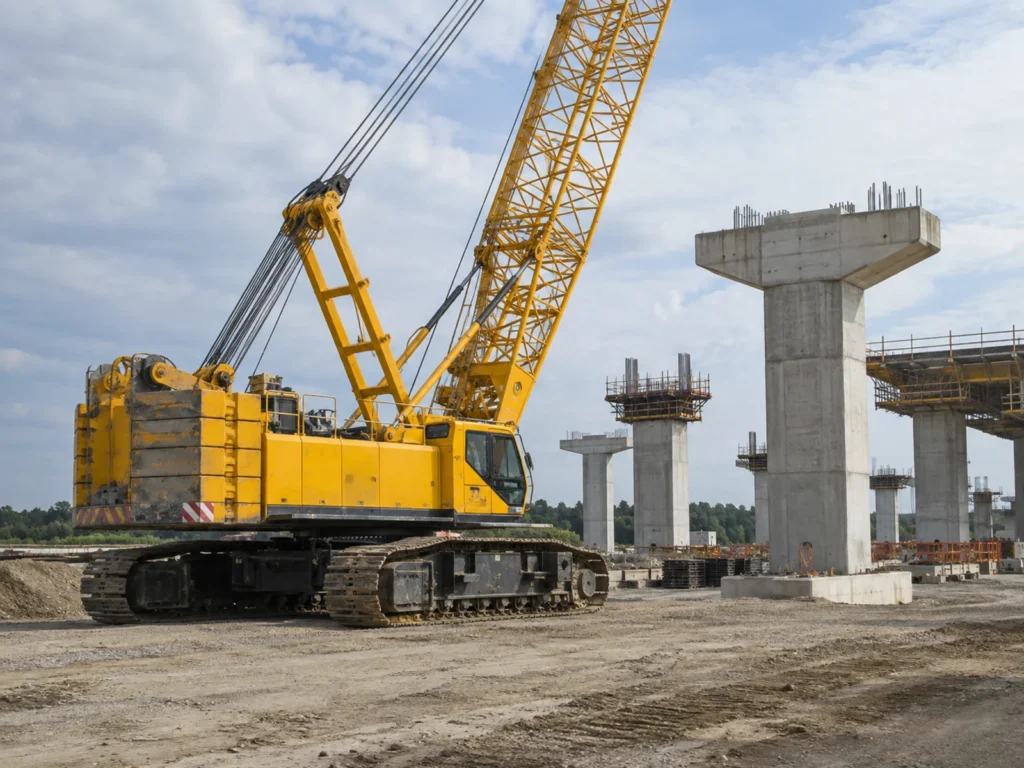 Grúa sobre orugas junto a una obra de construcción de un puente