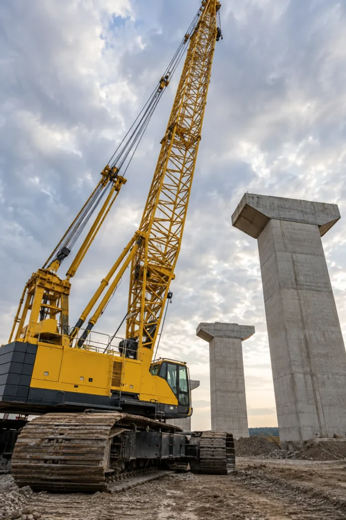 Grúa sobre orugas con pluma de celosía elevándose junto a pilares de concreto