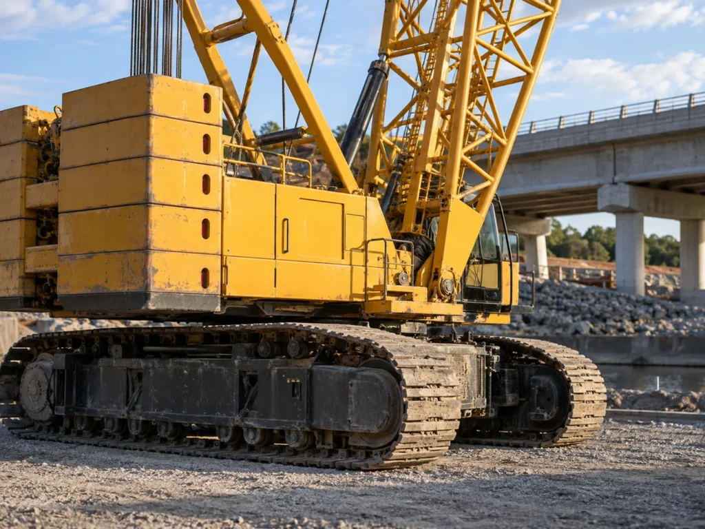 Orugas de una grúa sobre orugas en una plataforma preparada para la construcción de un puente