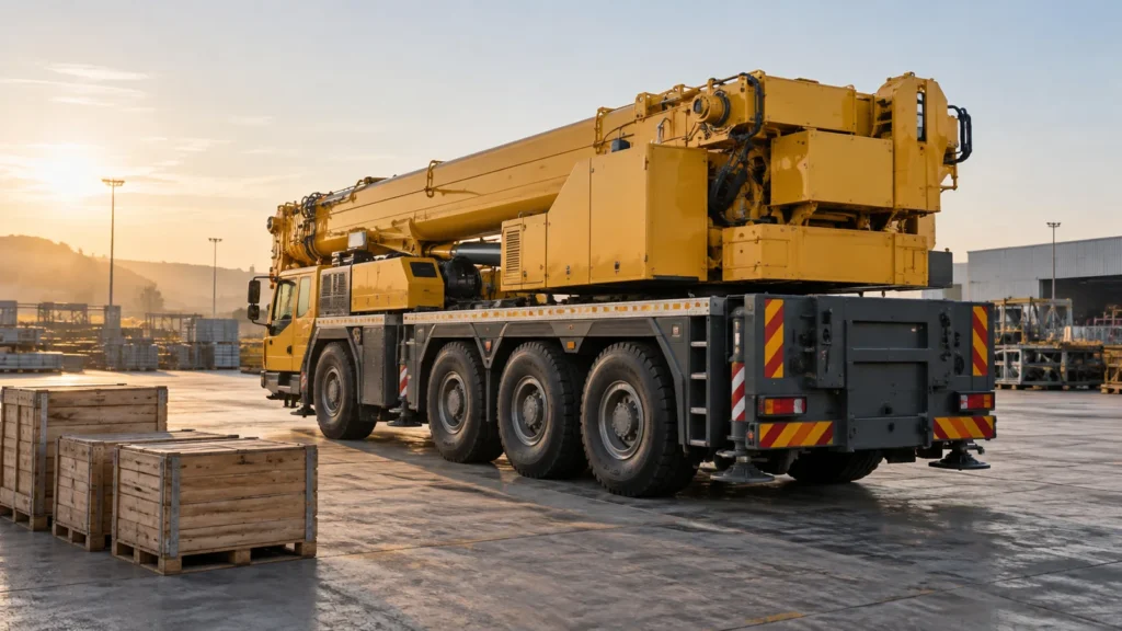 Truck crane with spare parts crates in an equipment yard