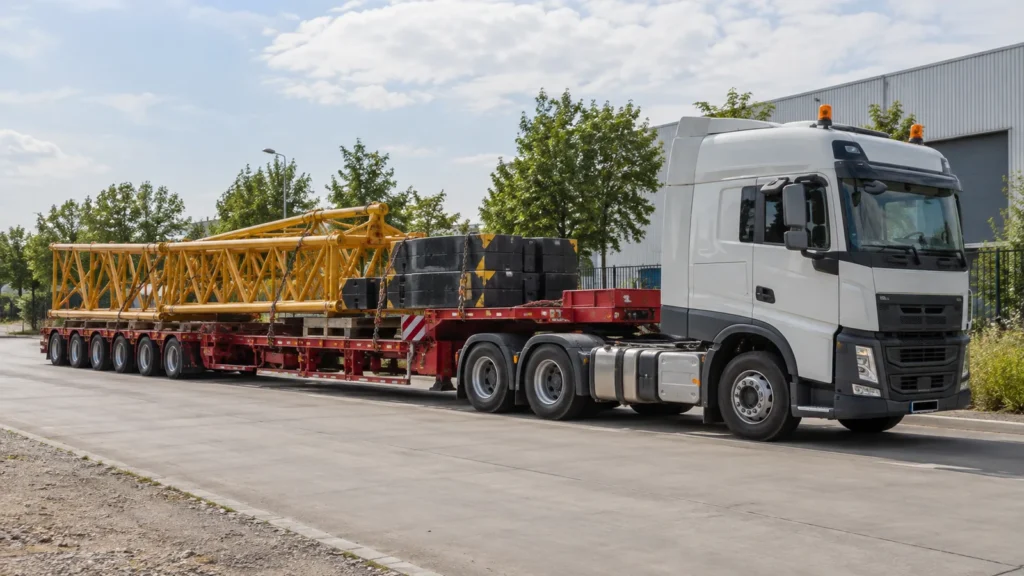 Low-bed trailer transporting crane components on an access road