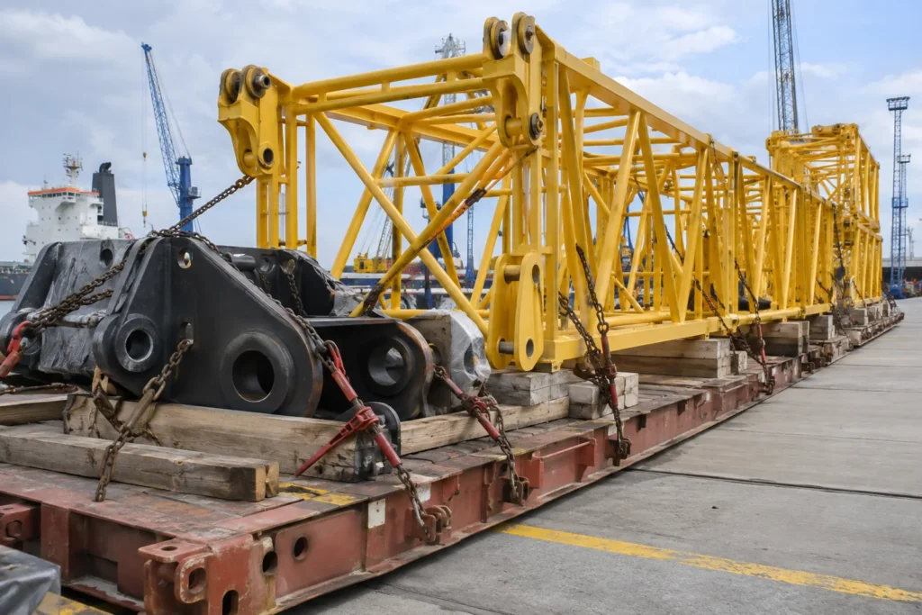 Lattice boom sections secured on a flat-rack platform