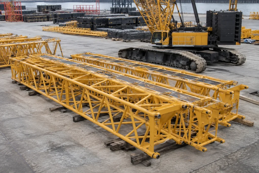 Lattice crane boom sections arranged in a logistics yard