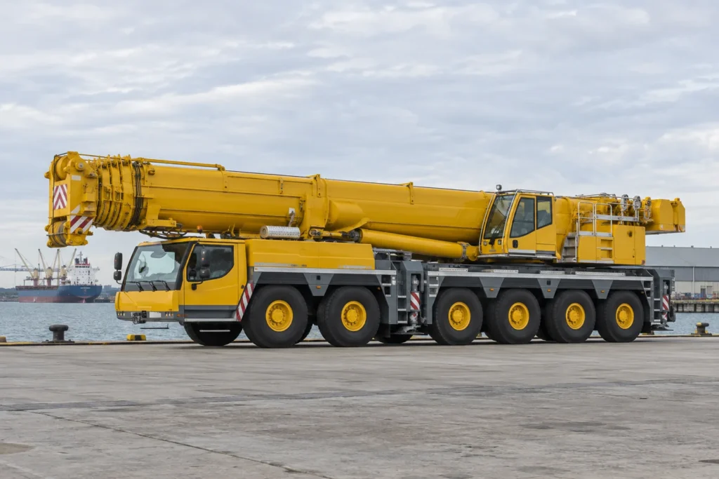 Mobile crane parked in a harbor staging area