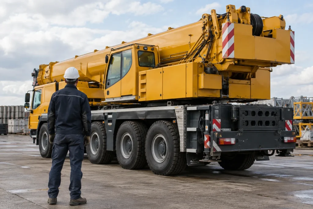 Technician inspecting a truck crane in an equipment yard