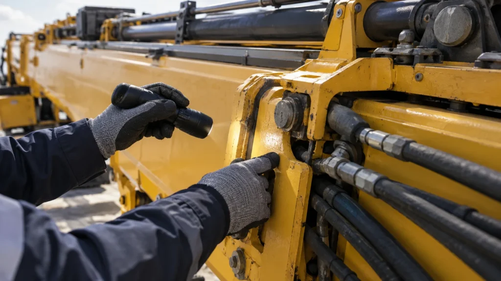 Technician inspecting a stowed truck crane boom