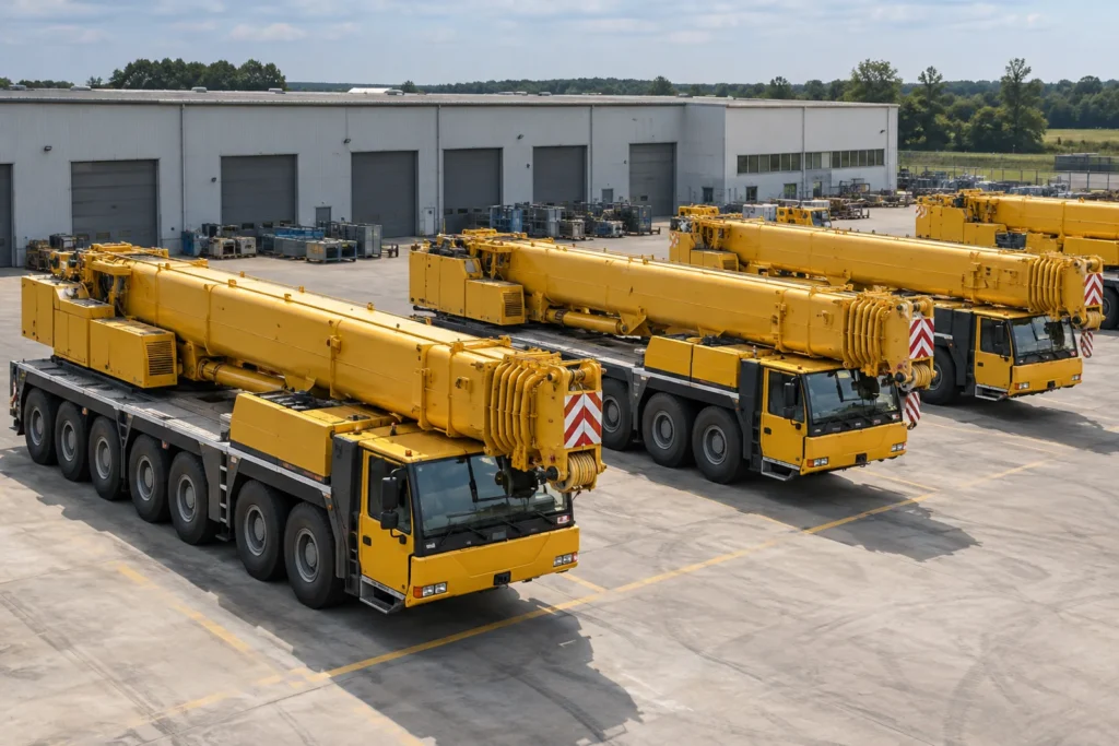 Telescopic cranes lined up in an equipment yard