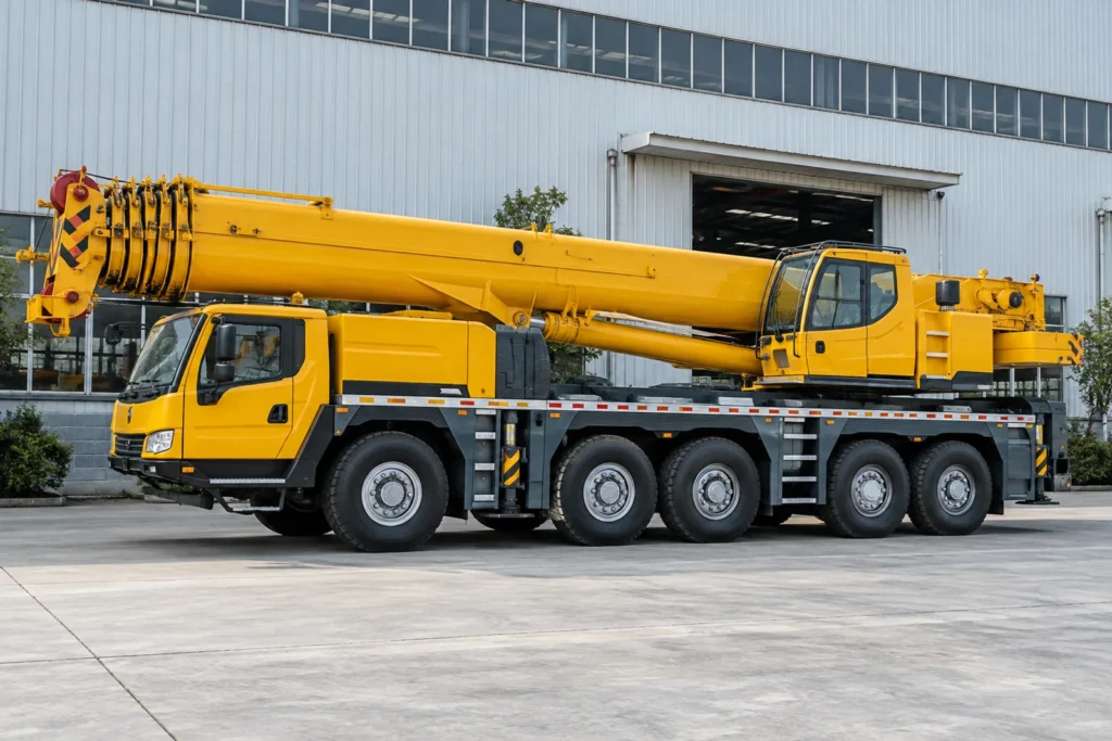 Truck crane parked in a factory courtyard