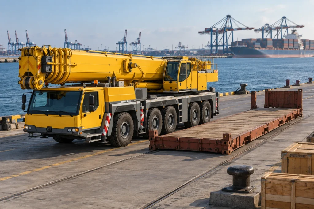 Truck crane beside a flat-rack platform at a seaport