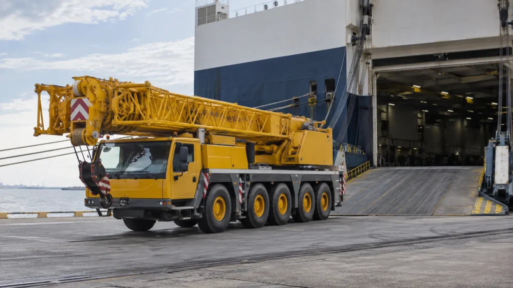Truck crane positioned beside a roll-on roll-off vessel ramp